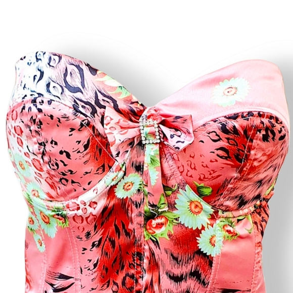 Pink corset top AU 12 green floral + black animal print Bow with diamonte buckle - Picture 2 of 6